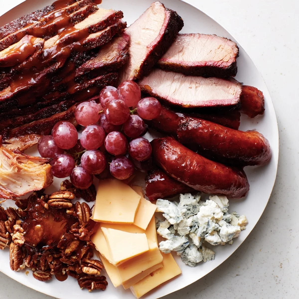 Savory Smoky BBQ & Bourbon Companion charcuterie board, showcasing tender meats, cheeses and dark chocolate.
