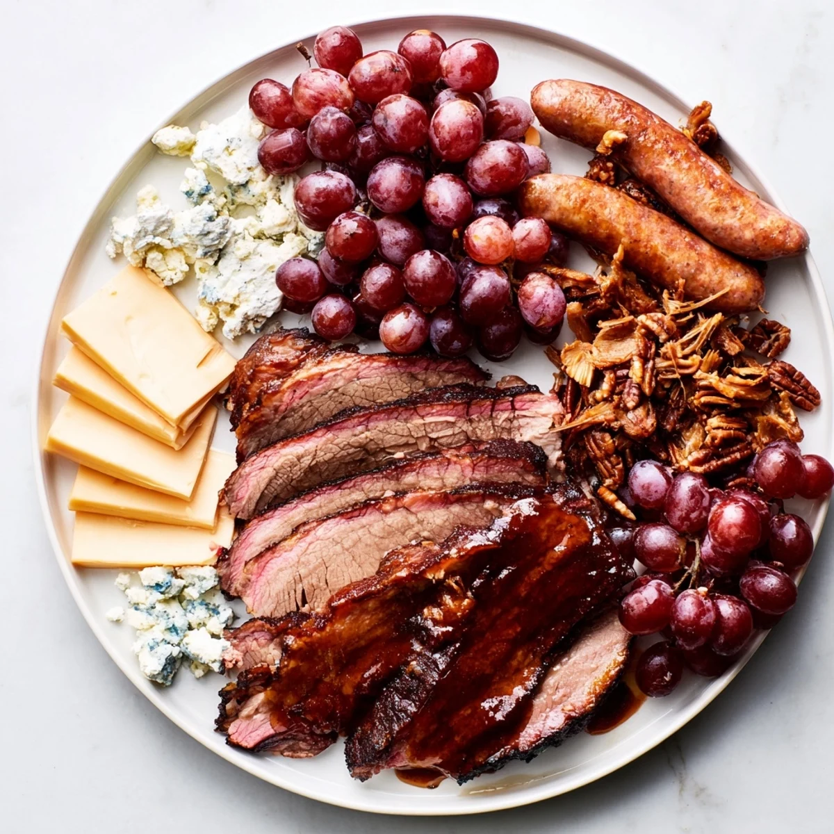 A generous spread of Smoky BBQ & Bourbon Companion ingredients is ready to serve alongside toasted baguette slices.