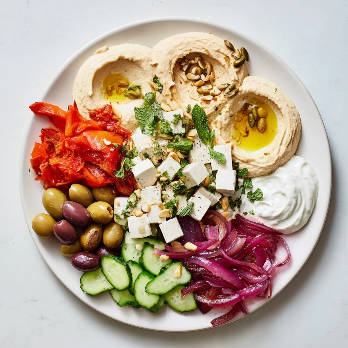 Mediterranean mezza platter with colorful appetizers and fresh herbs, ready to serve.
