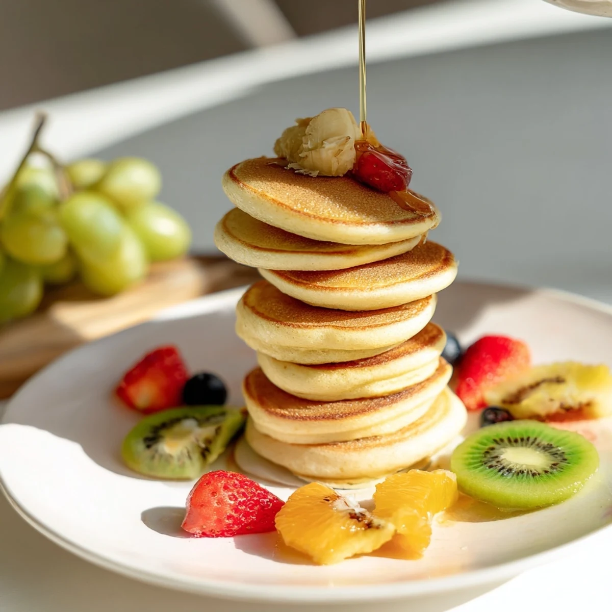 A colorful Breakfast Brunch Board Bliss boasts fluffy pancakes, scones and fresh fruit, inviting indulgence.