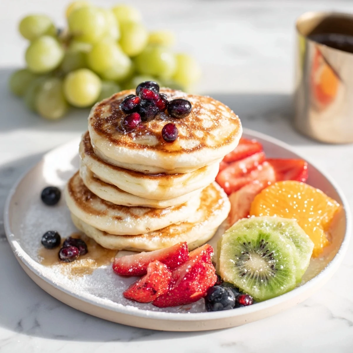 This Breakfast Brunch Board Bliss shows a delicious spread; syrup drizzled over golden, stacked pancakes.