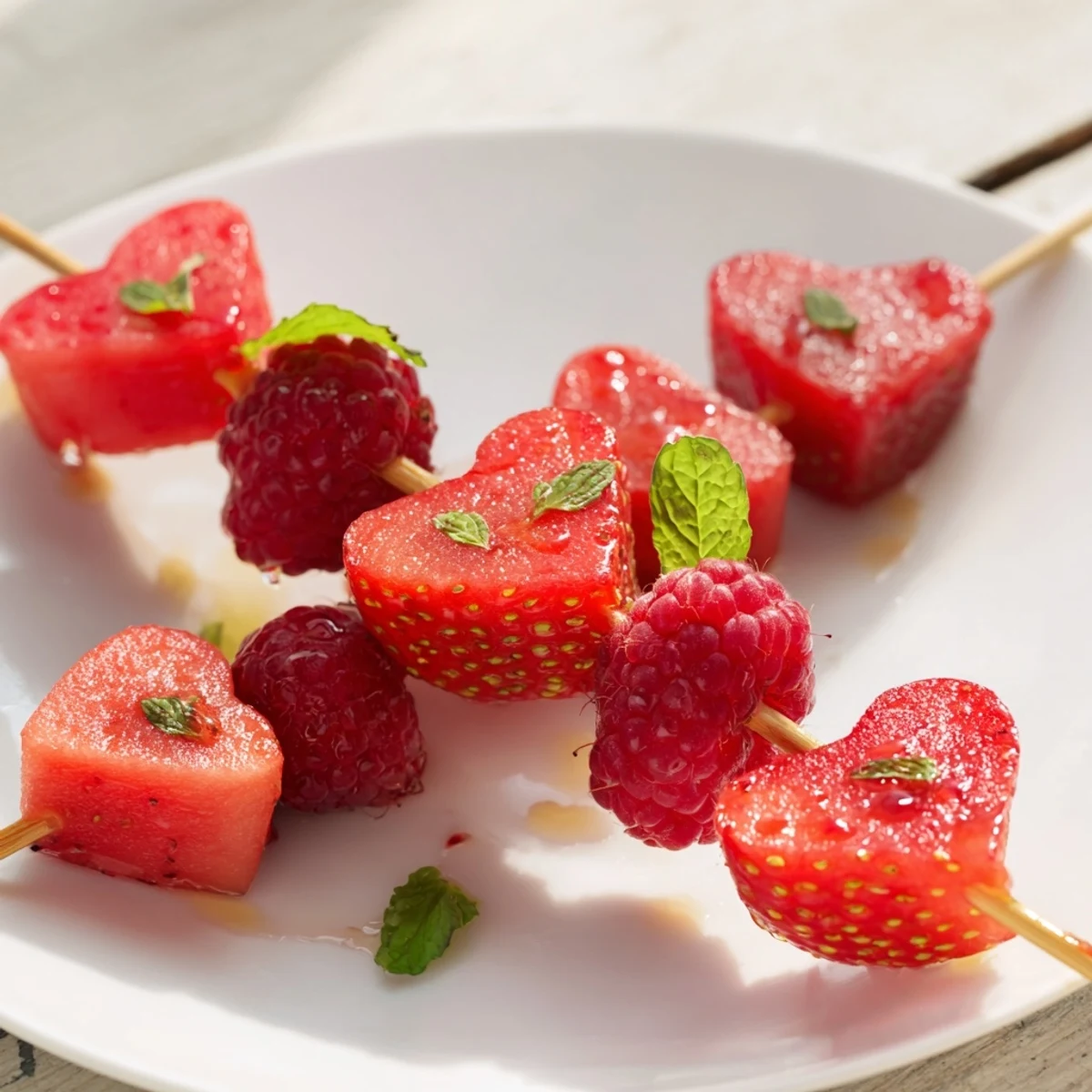Delicious red heart fruit skewers arranged on a platter, ready for a delightful, refreshing treat.