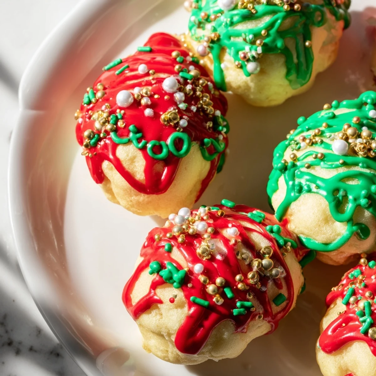 Homemade Christmas Ornament Beignets, beautifully decorated and arranged, perfect for a joyful holiday dessert anytime.