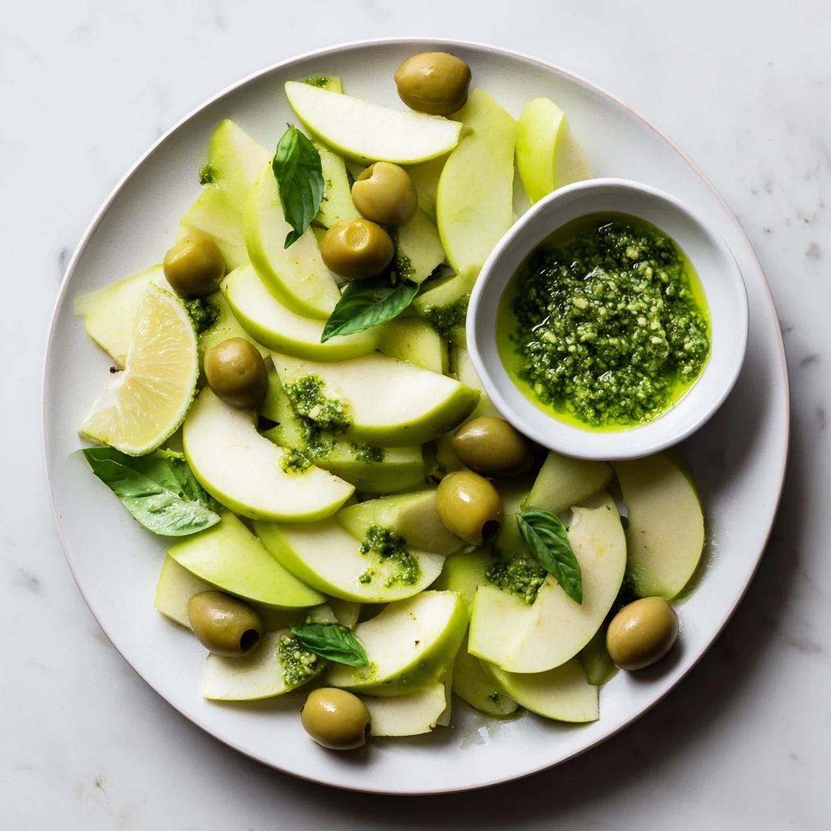 A delightful view: vibrant green Emerald City board with pesto, olives, and fresh apples.
