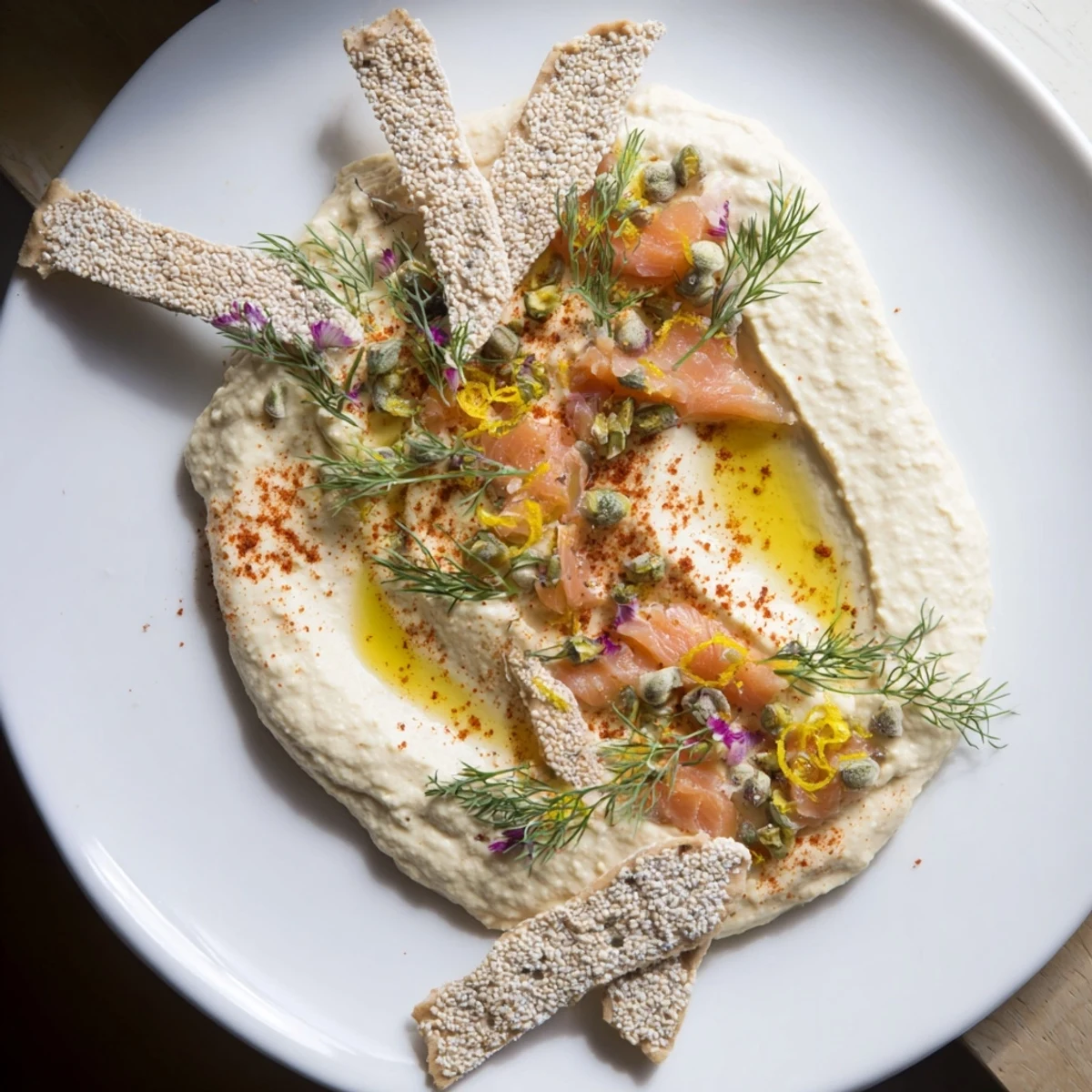 A driftwood beach appetizer featuring smoked fish and crackers on creamy hummus is ready.