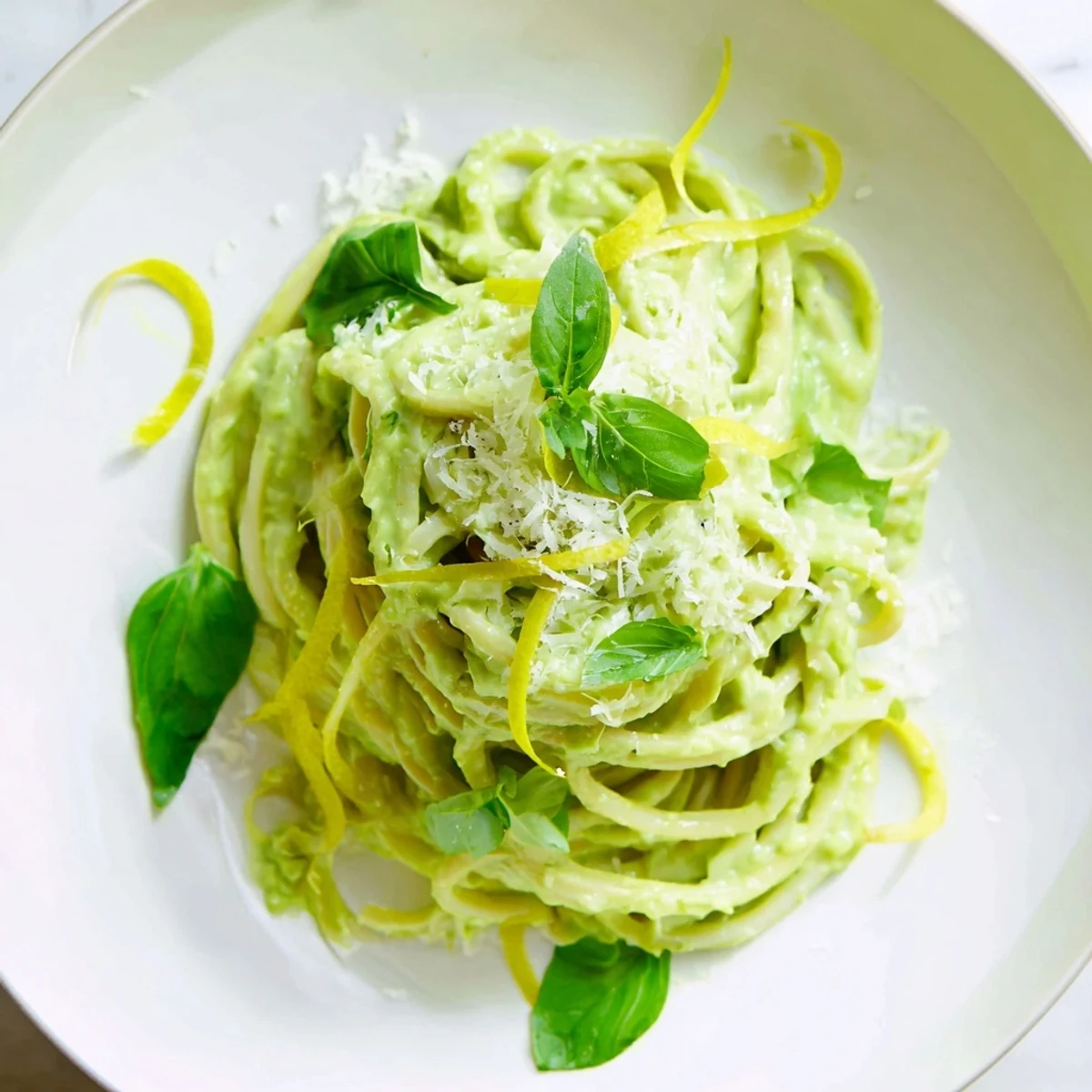 A close-up of creamy avocado pasta, perfectly coated noodles ready to be enjoyed.
