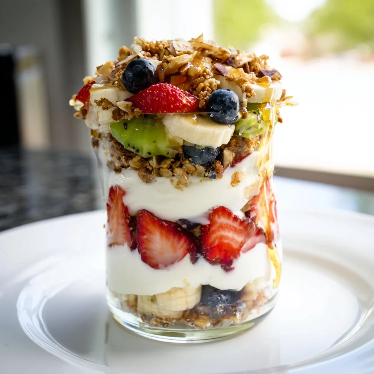 Beautiful Layered Yogurt Fruit Parfait, showing yogurt, colorful fruit, and granola in clear glasses for breakfast.