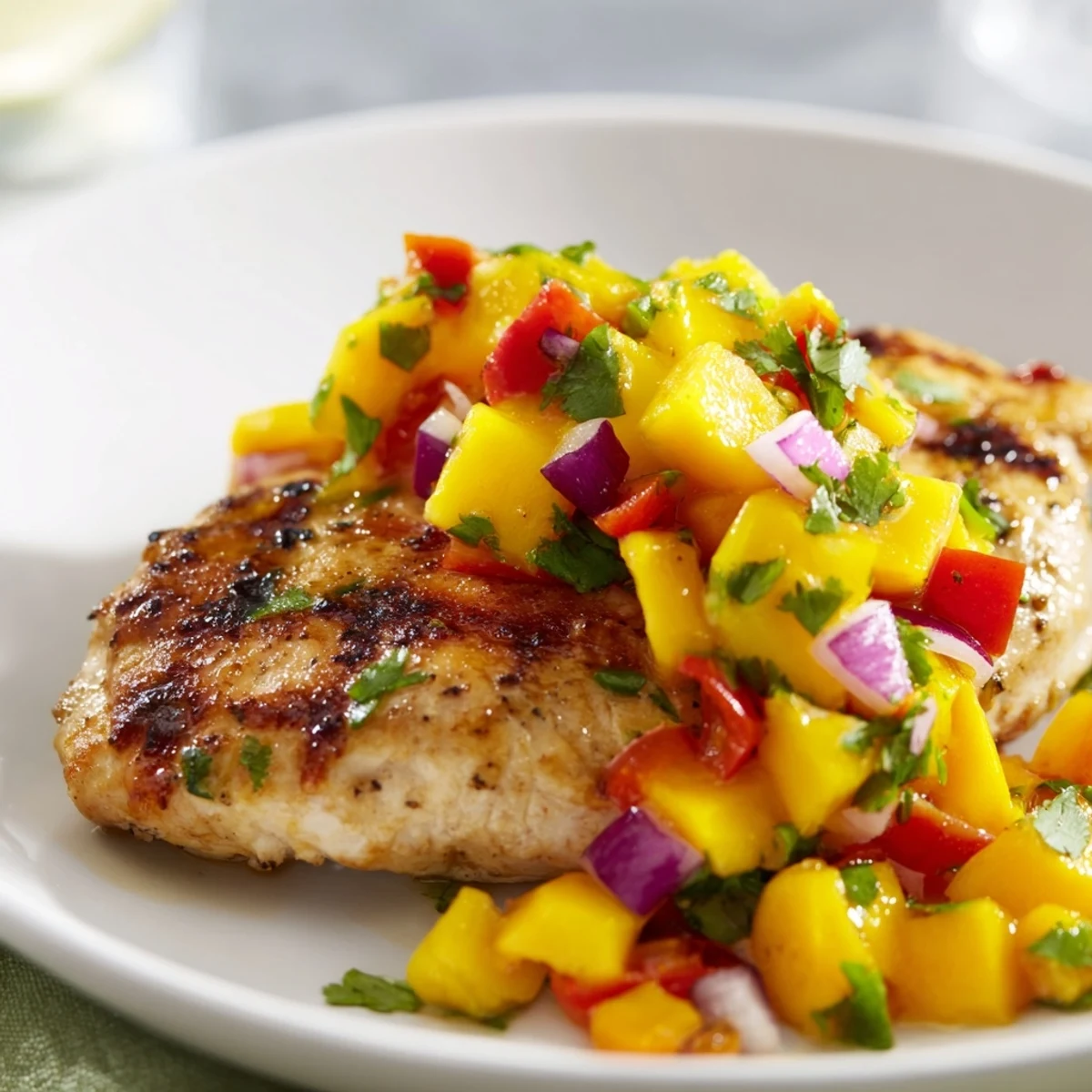 Succulent Grilled Mango Salsa Chicken, a vibrant tropical dish with fresh, diced mango salsa.