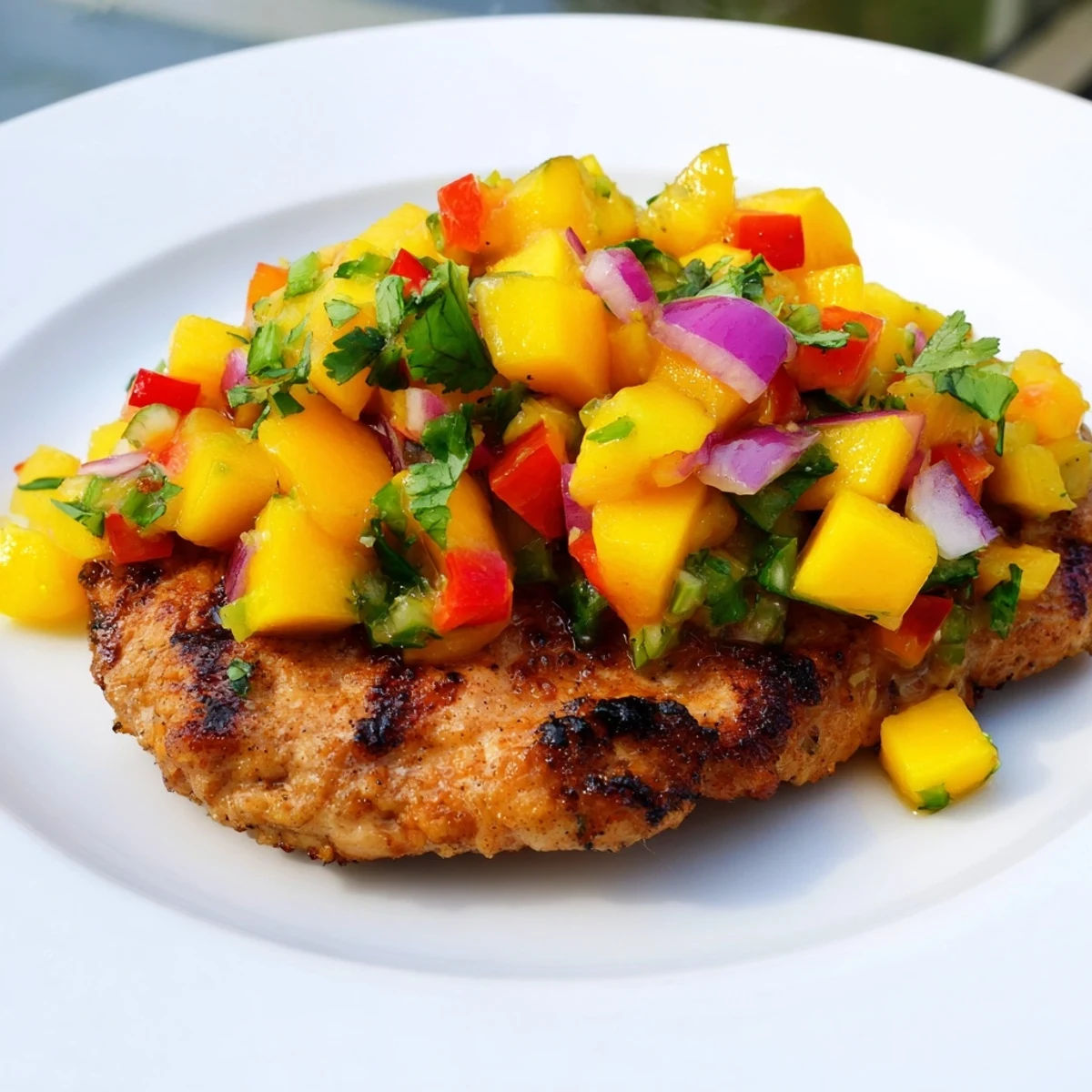 Grilled Mango Salsa Chicken topped with colorful salsa, ready for a flavorful, gluten-free meal.
