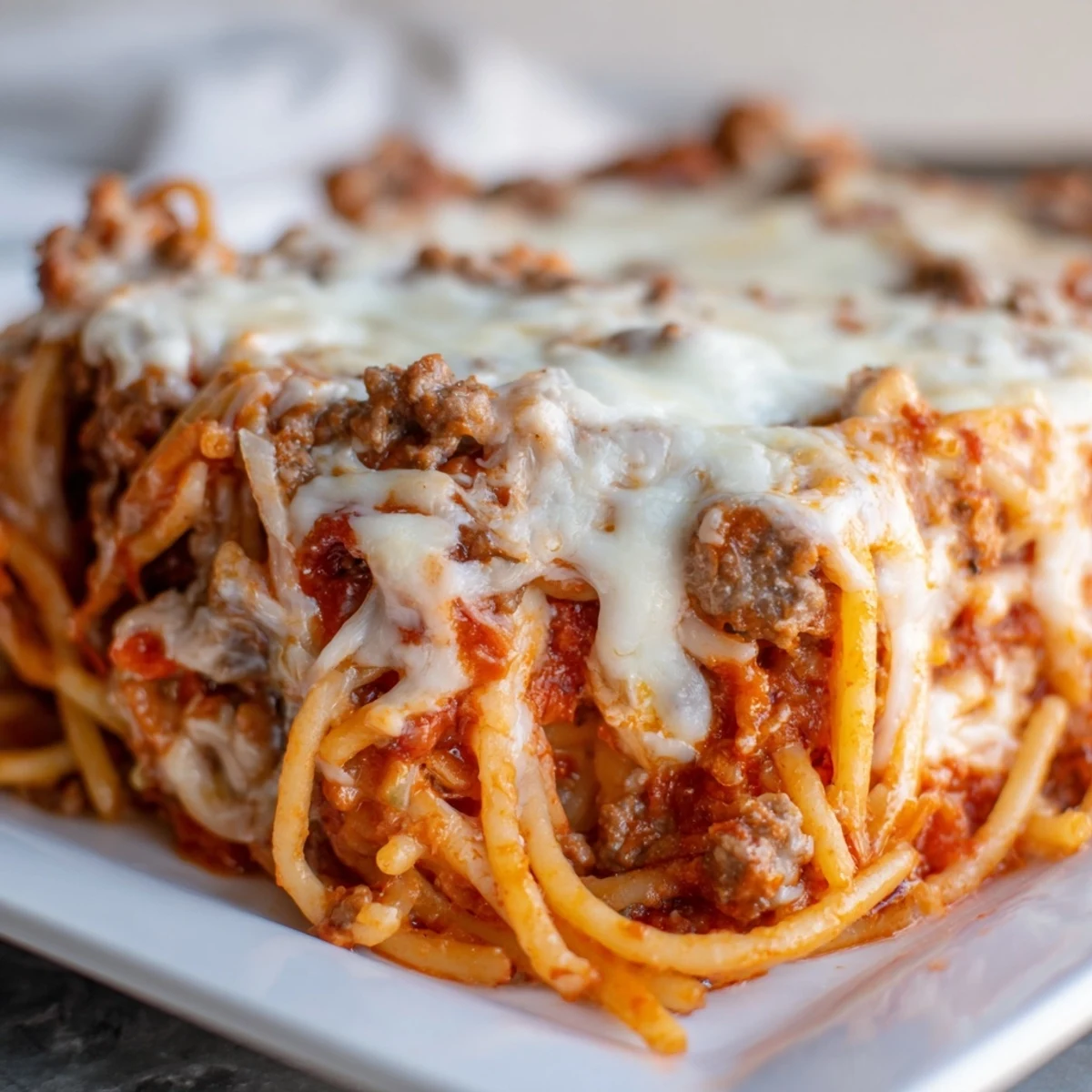 Gooey mozzarella and bubbling Parmesan top the rich, layered Million Dollar Spaghetti casserole, ready to serve.