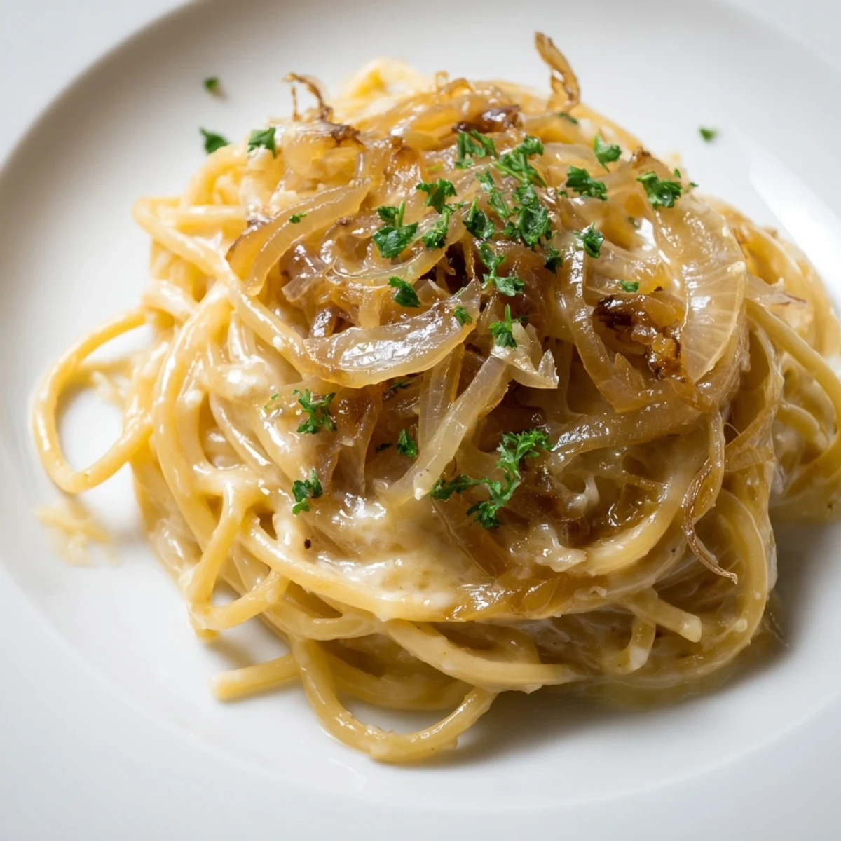 A steamy bowl of one-pot French onion pasta loaded with melted Gruyère, ready to savor.