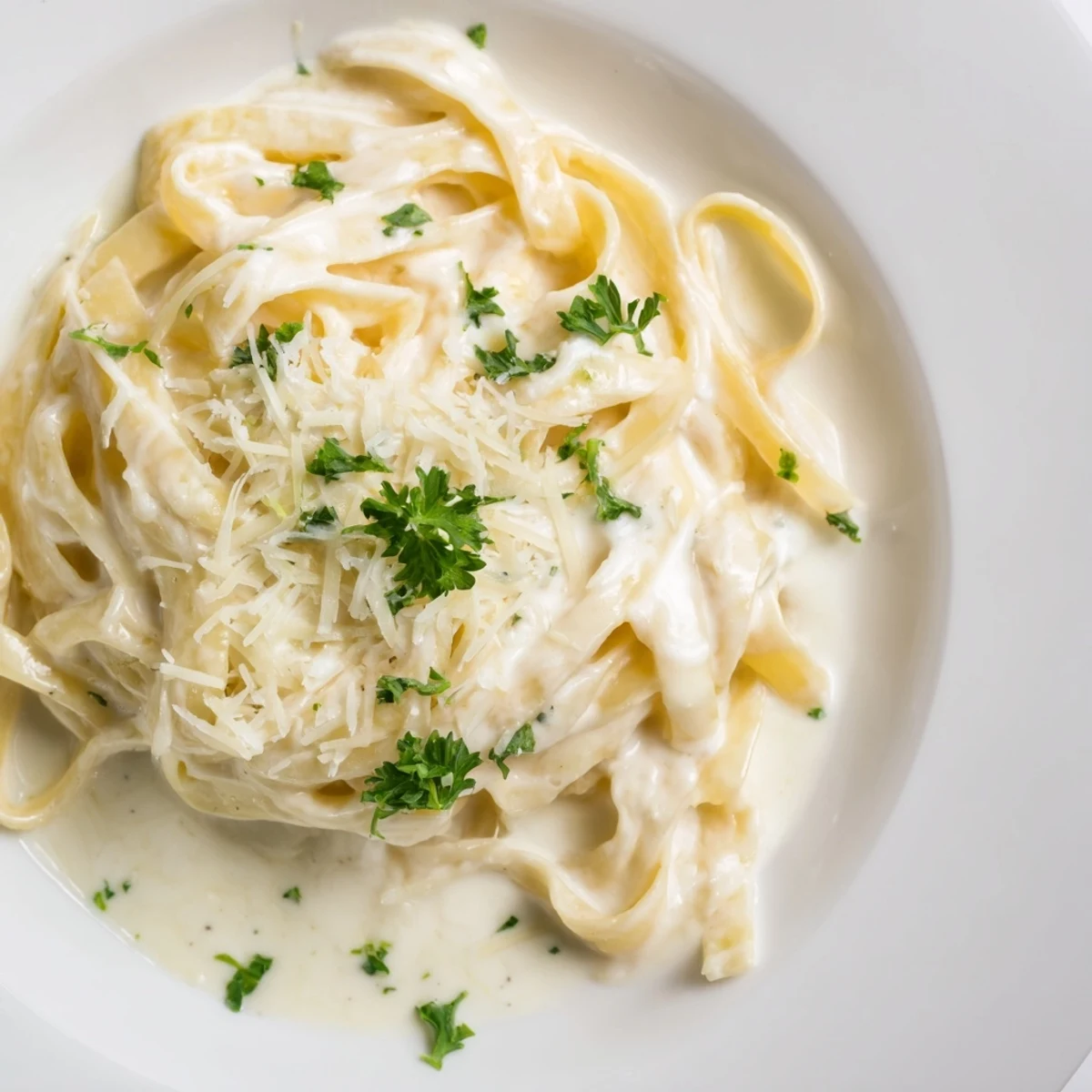 Creamy Cottage Cheese Alfredo Sauce, ready to coat pasta, with fresh parsley garnish.