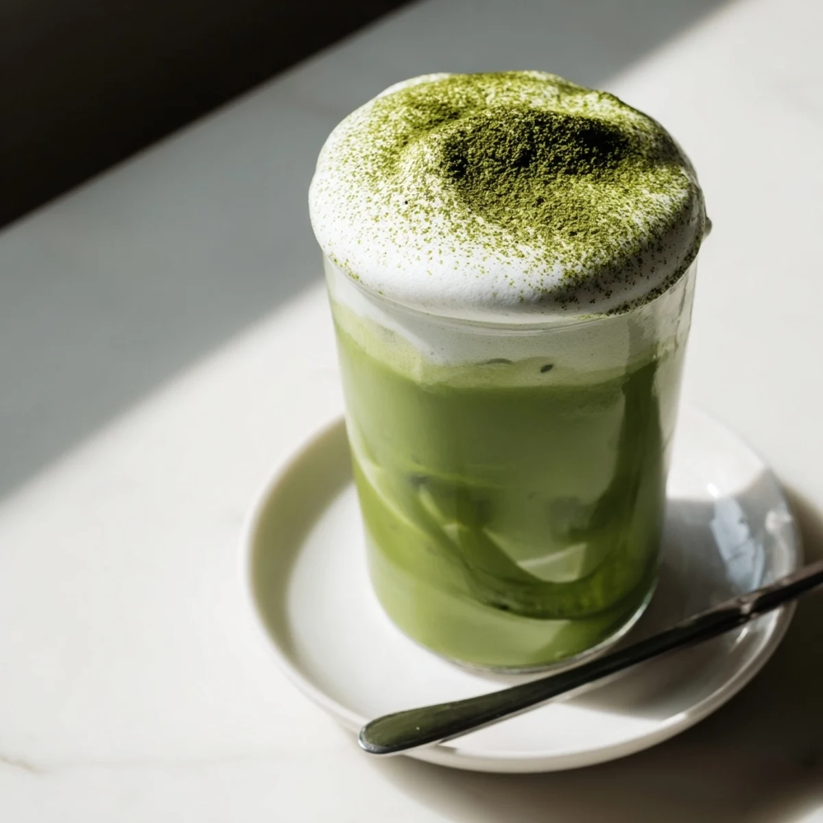 Frothy cold foam tops a bright green creamy matcha latte, perfect for a refreshing treat.
