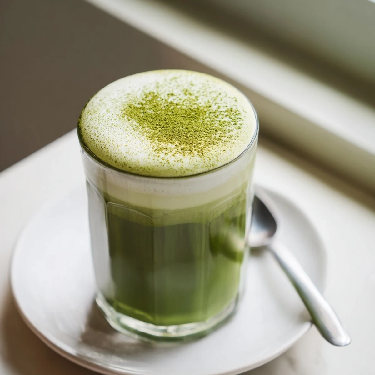 A vibrant creamy matcha latte is shown, topped with fluffy, sweet cold foam.