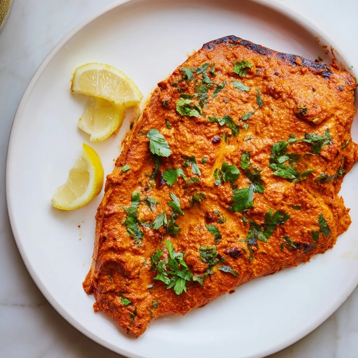 Vibrant Indian Tikka Salmon, coated in a rich marinade, ready for a flavorful bite.