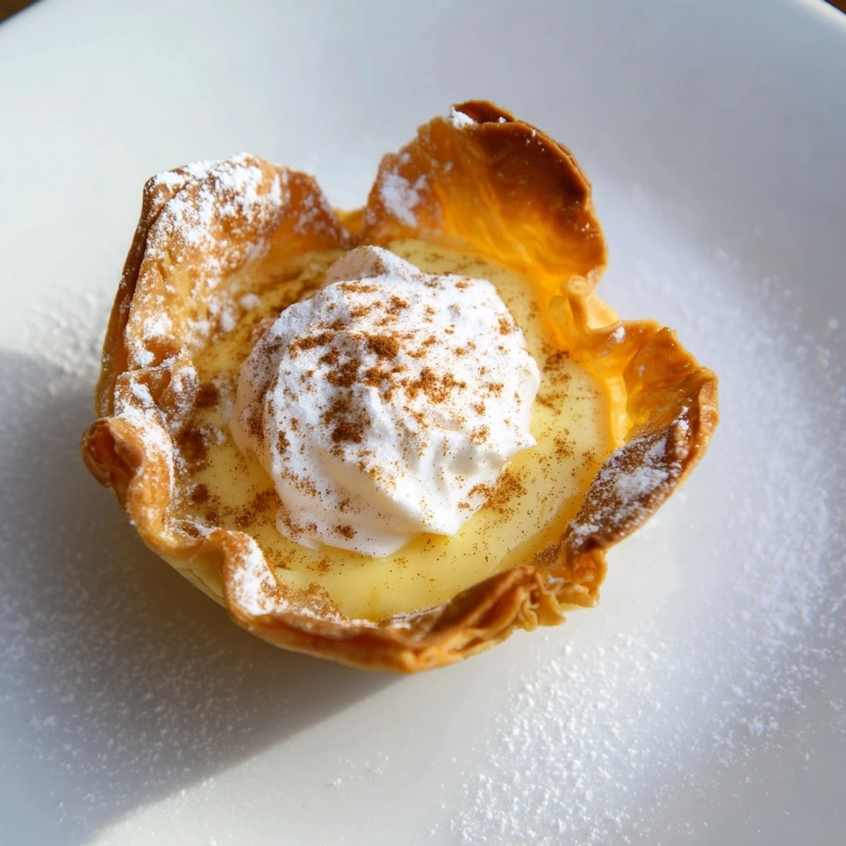 Golden, flaky Portuguese egg tarts with a creamy custard filling, perfect for a sweet treat.