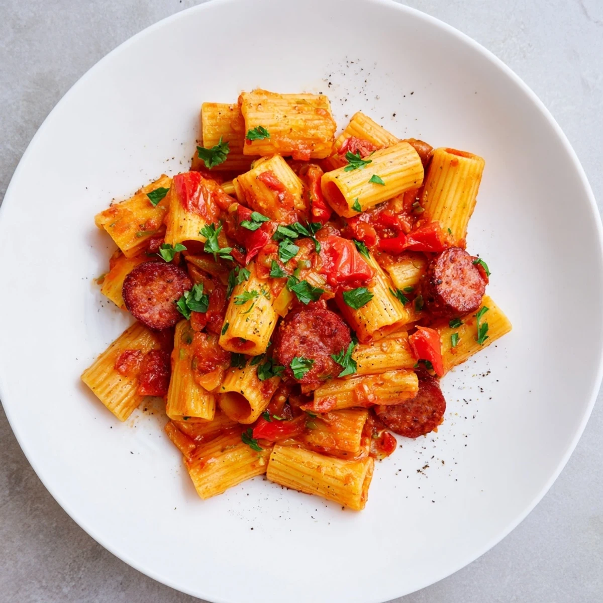 Smoky Spanish chorizo pasta, brightly pictured, ready to serve with fresh parsley and cheese.