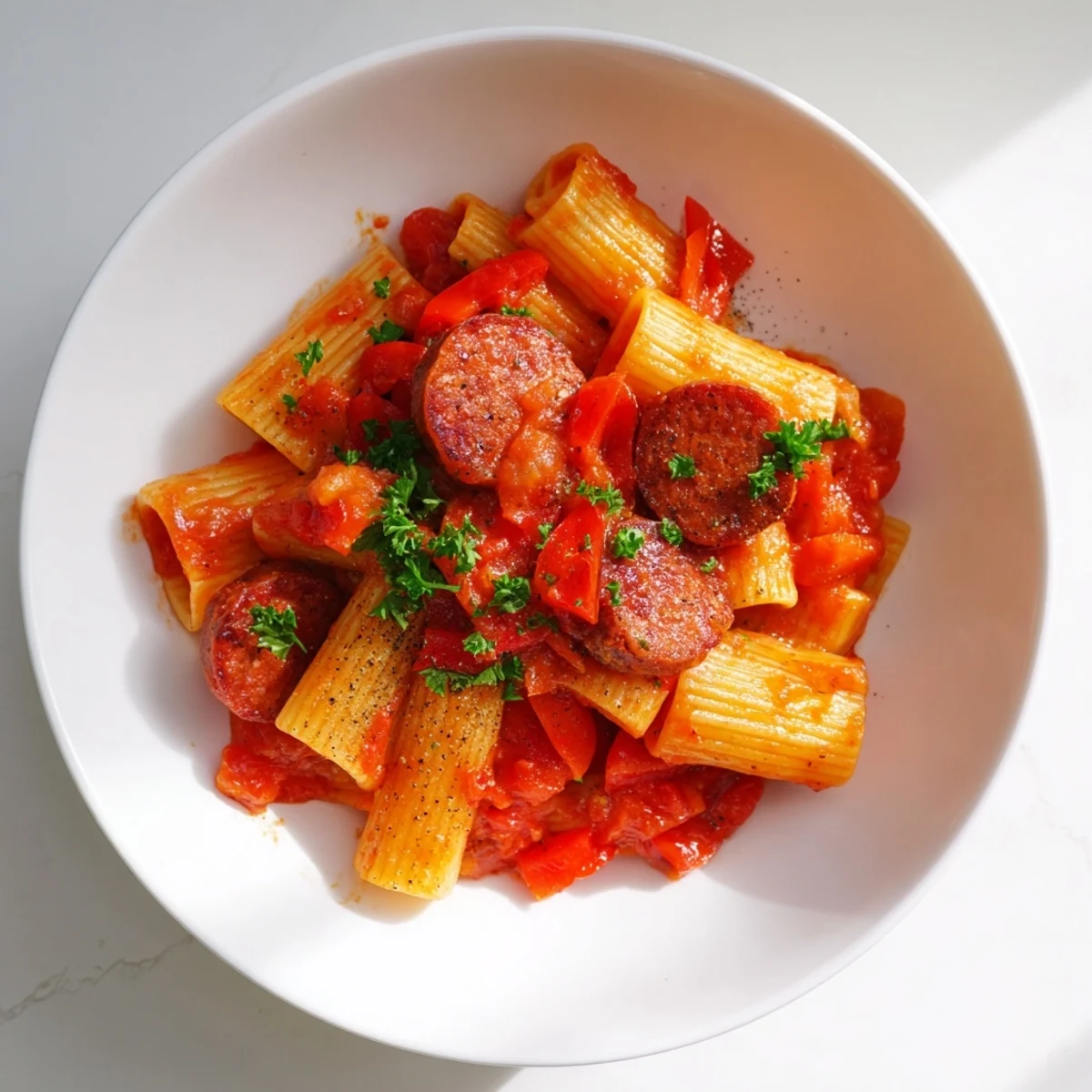 Close-up of bubbling Spanish chorizo pasta, a flavorful main dish with tomatoes and spices.