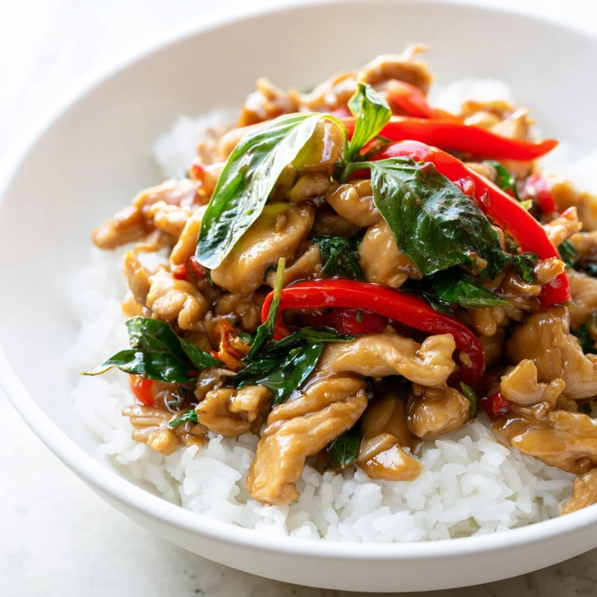 Delicious Thai Basil Chicken Bowls with vibrant basil and savory sauce, perfect for a flavorful weeknight meal.