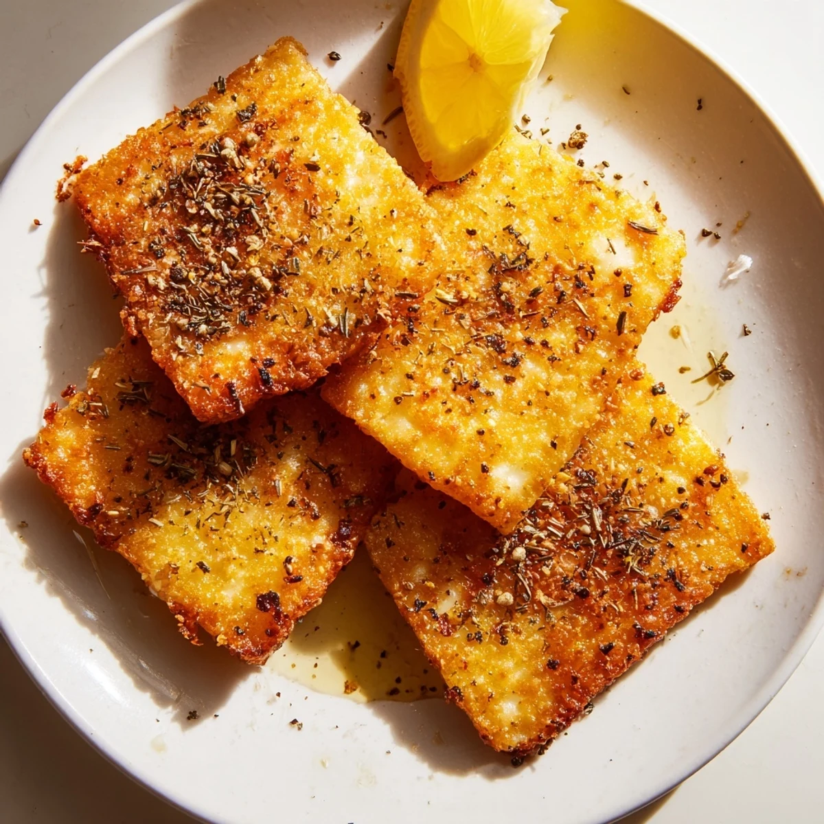Close-up of a perfectly fried Saganaki cheese, golden brown, with oregano, awaiting a lemon squeeze.