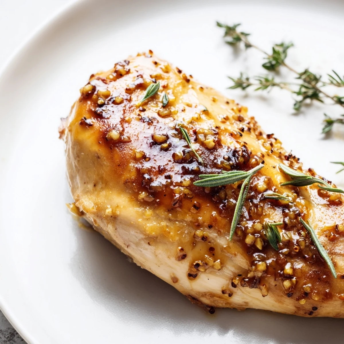 Goldener Hühnerschenkel in einer Pfanne mit Honig-Senf-Sauce und frischem Thymian, ein würziges Abendessen.