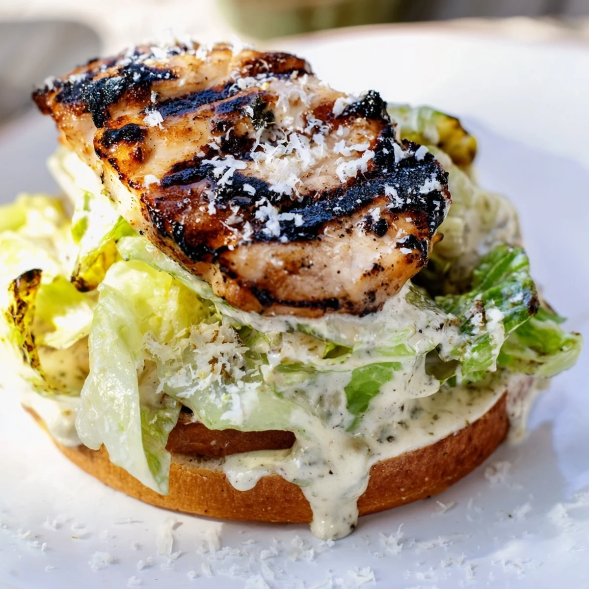 Röstaromen vom gegrillten Caesar Chicken Sandwich auf knusprigen Brötchen mit cremigem Dressing.