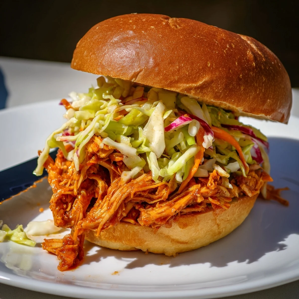 Ein Sandwich mit zartem Barbecue-Hähnchen auf einem weichen Brötchen, belegt mit knackigem, sahnigem Krautsalat und perfekt für ein US-BBQ-Essen.
