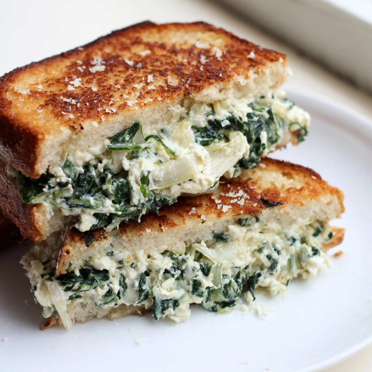 Gooey Artichoke Spinach Grilled Cheese sandwich cut in half, revealing creamy spinach and artichoke filling.