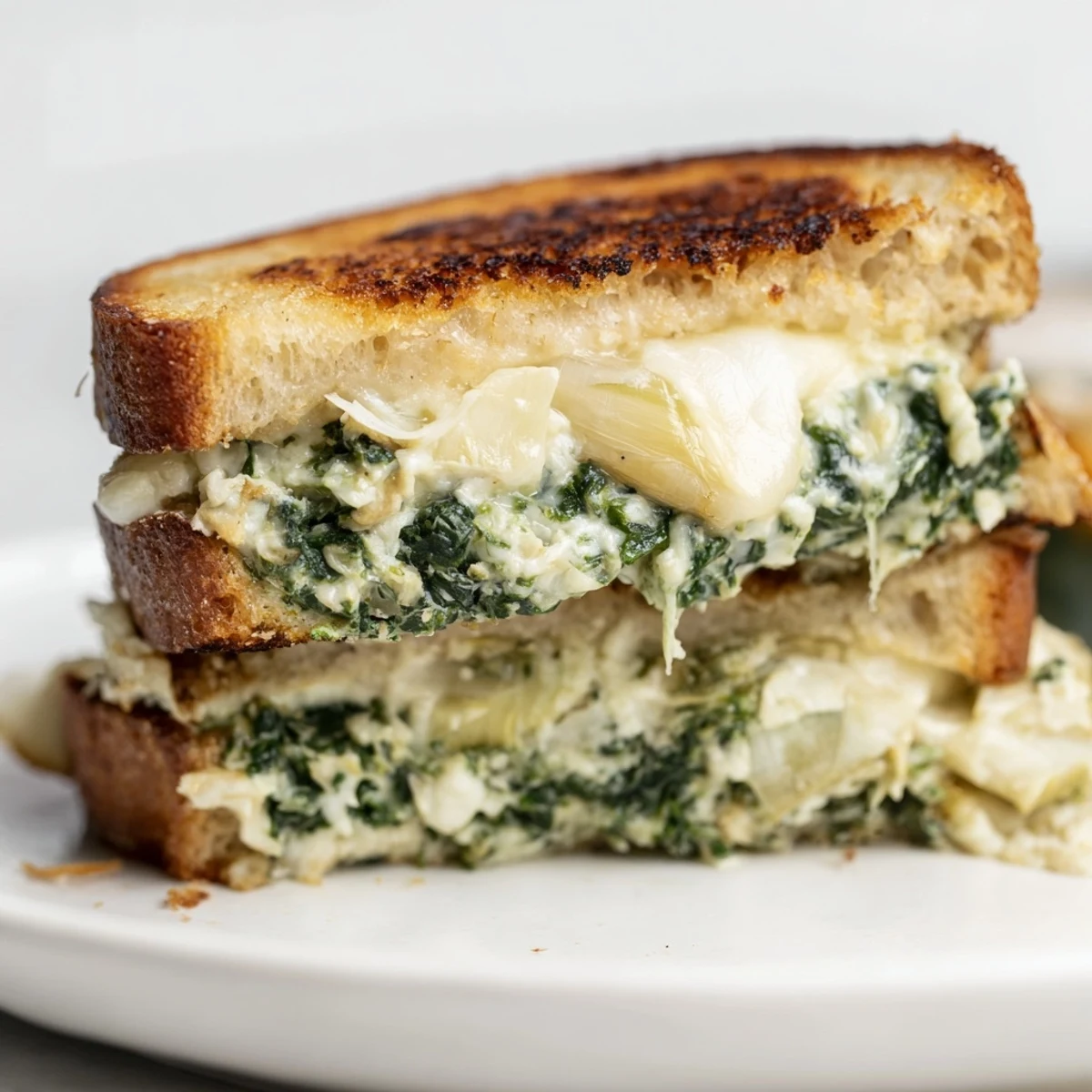 Golden-brown Artichoke Spinach Grilled Cheese with melted cheese and crispy sourdough crust.
