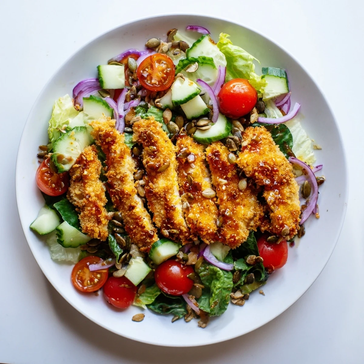 Genieße diesen scharfen Honig-Hähnchen-Salat mit Tomaten, Gurken und roten Zwiebeln für eine würzige, befriedigende Mahlzeit.