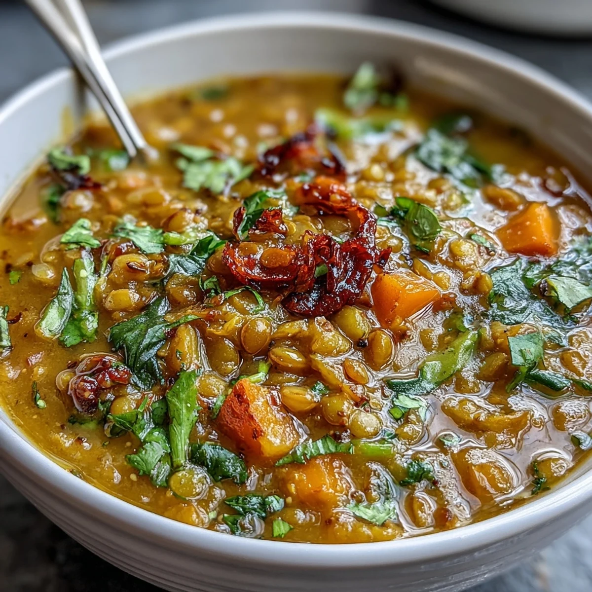Eine Schüssel Mungbohnensuppe mit weichen Bohnen, Möhrenstücken und gewürzter Brühe auf hölzernem Tisch.