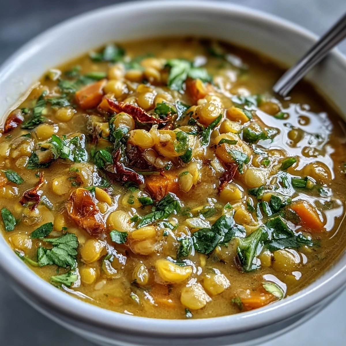 Traditionelle Mungbohnensuppe, aromatisiert mit Kreuzkümmel und Kurkuma, serviert mit Reis und frischem Koriander.