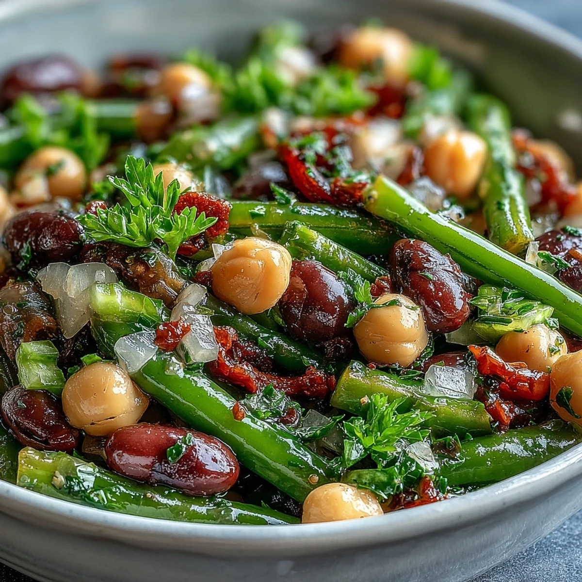 Ein großer Schüssel mit Three-Bean Salad, gefüllt mit bunter Mischung aus grünen Bohnen, Kidneybohnen und Kichererbsen, frisch gewürfelt.