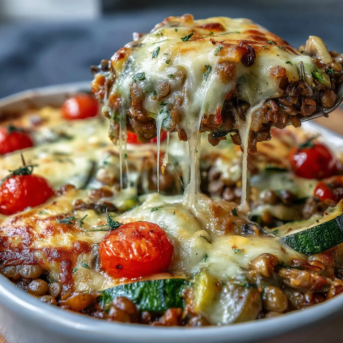 Veganes Gratin mit Linsen und Gemüse, eine sättigende vegetarische Hauptmahlzeit.