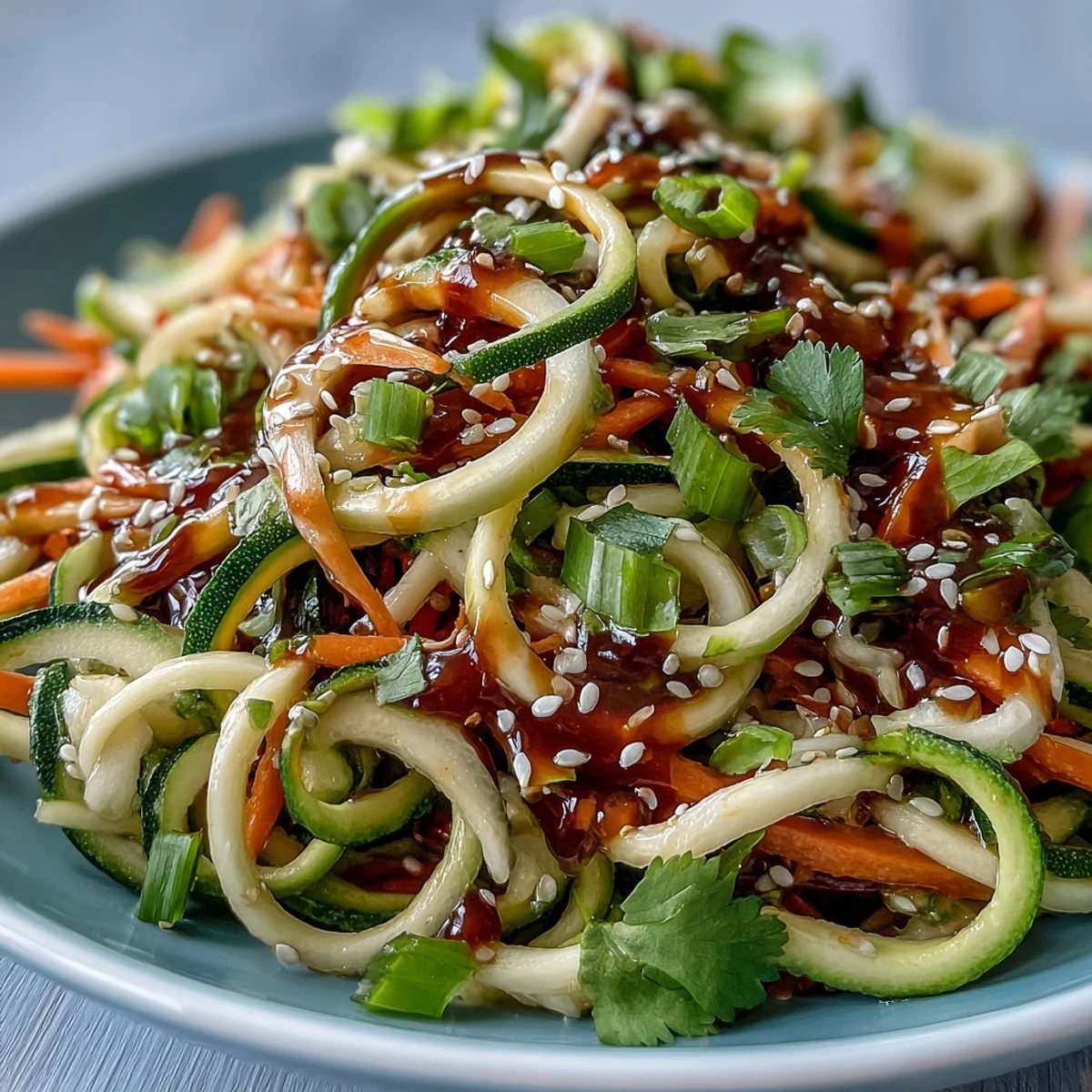 Frischer Rohkuchensalat aus spiralen Zucchini und Karotten mit knackigem Rotkohl und roter Paprika.