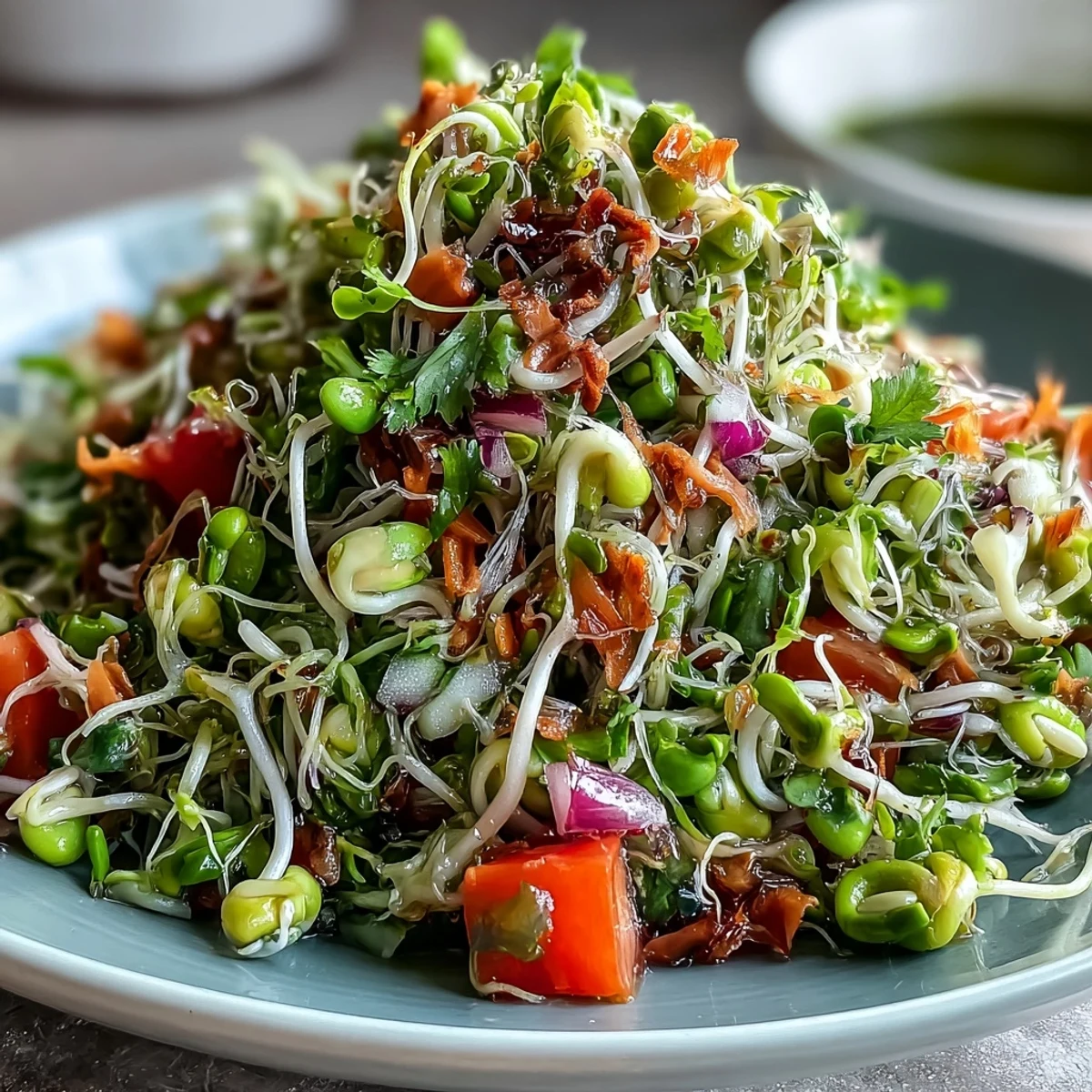 Leichter Sprouted Seed Salad als erfrischendes Seitengericht mit kräuterigem Koriander und feinem Zwiebelkick.
