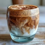 Körniger Hojicha Cortado, gepaart mit geschäumter Vollmilch und einem Hauch von Röstaroma.