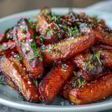 Honig glasierte Karotten mit Thymian, goldbraun geröstet und mit frischen Kräutern garniert.