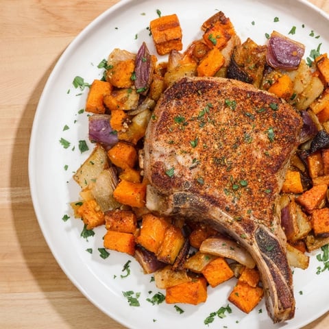 Juicy Sheet Pan Pork Chop & Roasted Root Veggies, a flavorful one-pan dinner idea, ready to serve.