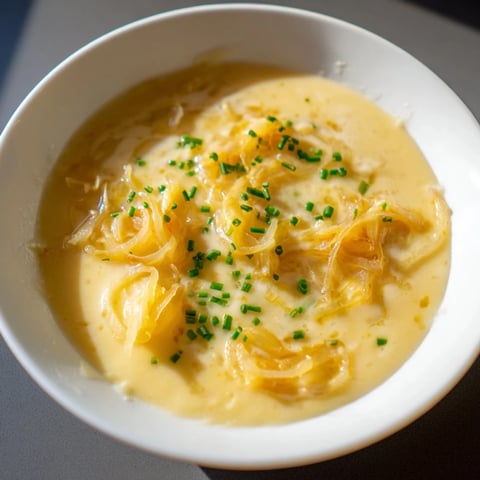 Creamy German Cheese and Onion Beer Soup topped with toasted rustic bread, ready to eat.