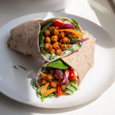 Golden-brown Chickpea & Vegetable Wraps bursting with vibrant veggies and a creamy yogurt sauce.