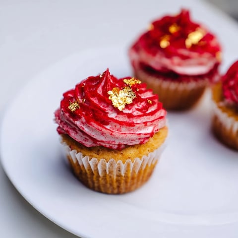 Golden mini cherry cupcakes topped with cherry-red cream and gold leaf, a delicious dessert.