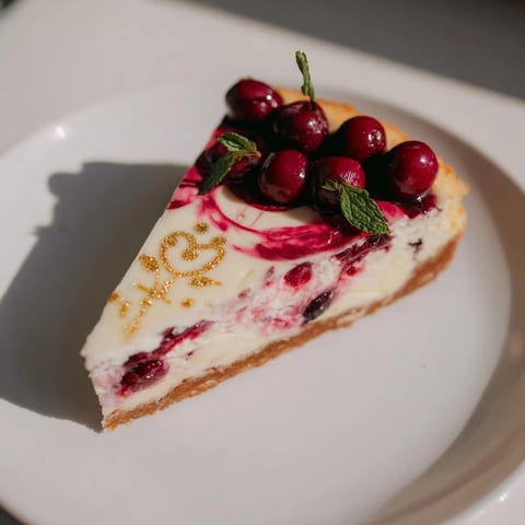 A slice of Cherry Vibe Cheesecake with swirl; a creamy dream with Rococo design.