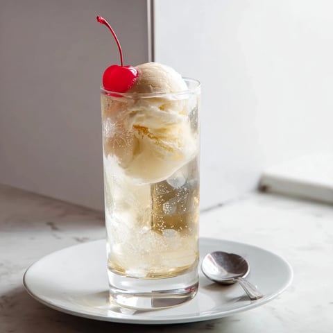 A tall glass with a Cream Soda Float, topped with vanilla ice cream and a cherry.