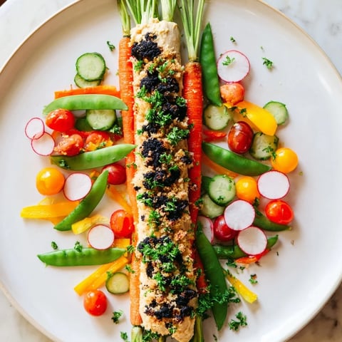 Carrot Patch Veggie Board arrangement with colorful carrots, peas, tomatoes, and creamy hummus "soil" for snacking.