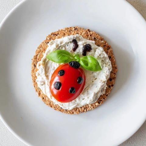 Adorable Ladybug Love Picnic Finger Foods, bright red tomato halves arranged on crackers with balsamic glaze spots.