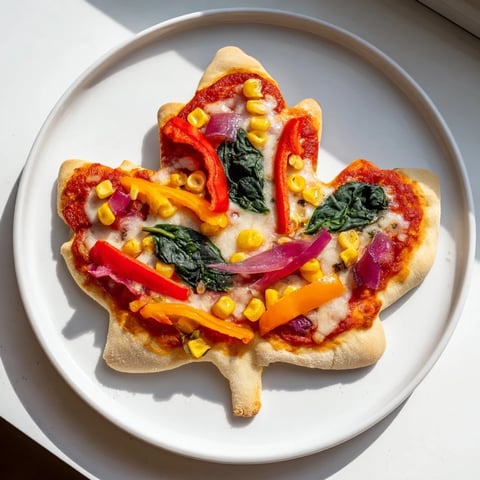 Fall Foliage Maple Leaf Mini Pizzas topped with vibrant bell peppers and bubbly cheese, ready to be enjoyed.