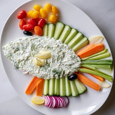 Ocean Blue Fish-Shaped Dip Tray: A vibrant, creamy appetizer, featuring a colorful array of fresh vegetables perfect for dipping.