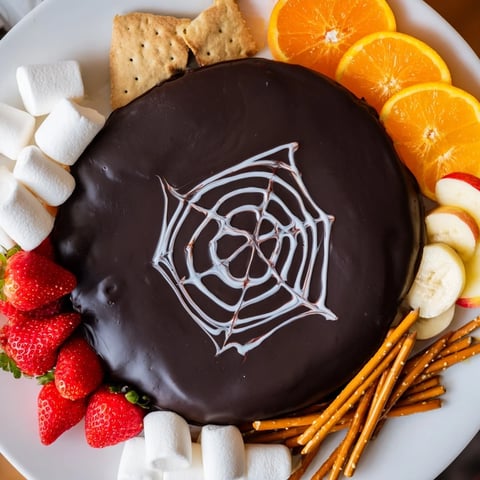 Rich and decadent Spiderweb Chocolate Ganache Board, perfect for dipping fresh fruit and cookies on Halloween.