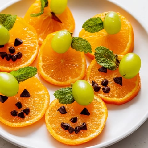 Vibrant arrangement of Pumpkin Patch Orange Slices, a fun Halloween dessert, garnished with mint.